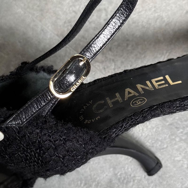 Chanel Tweed Ribbon Sandals Coco Mark Black Chunky Heel Strappy Sandals 36 1 2c