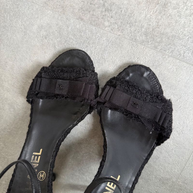 Chanel Tweed Ribbon Sandals Coco Mark Black Chunky Heel Strappy Sandals 36 1 2c