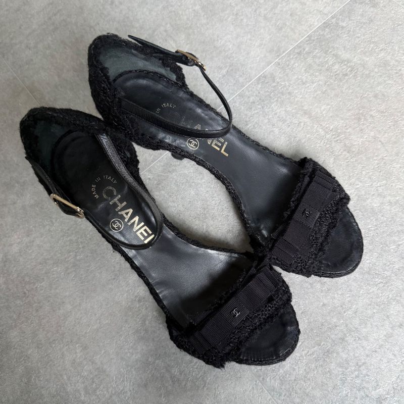 Chanel Tweed Ribbon Sandals Coco Mark Black Chunky Heel Strappy Sandals 36 1 2c