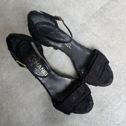 Chanel Tweed Ribbon Sandals Coco Mark Black Chunky Heel Strappy Sandals 36 1 2c