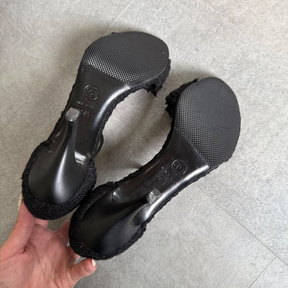 Chanel Tweed Ribbon Sandals Coco Mark Black Chunky Heel Strappy Sandals 36 1 2c