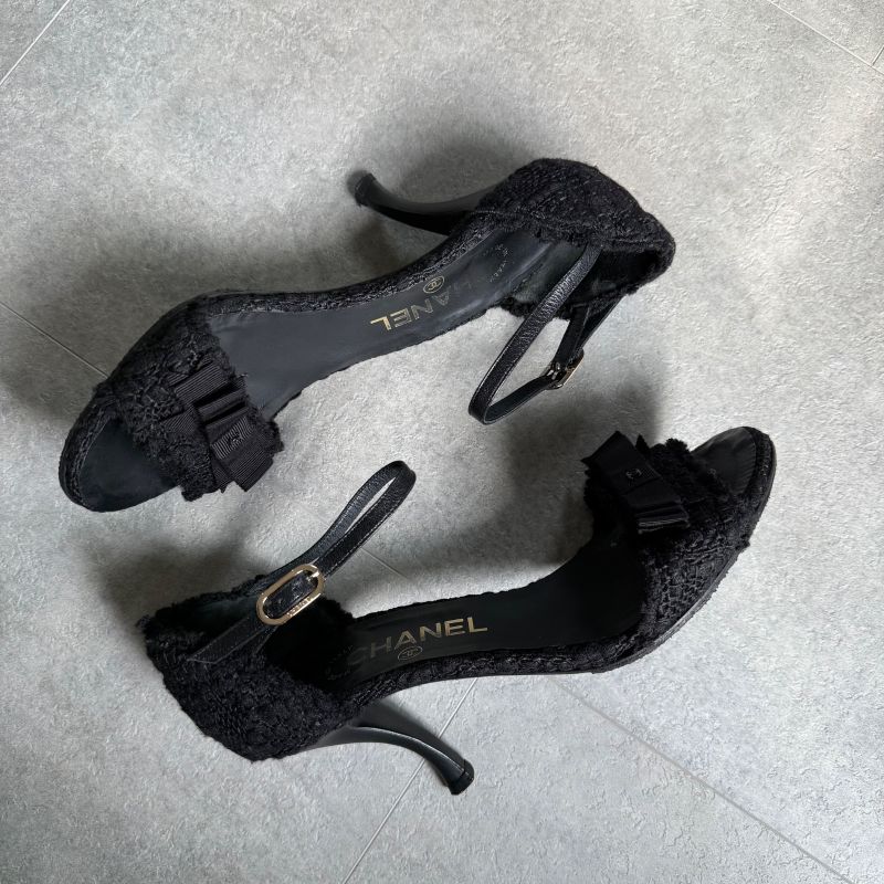 Chanel Tweed Ribbon Sandals Coco Mark Black Chunky Heel Strappy Sandals 36 1 2c