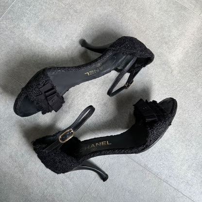 Chanel Tweed Ribbon Sandals Coco Mark Black Chunky Heel Strappy Sandals 36 1 2c