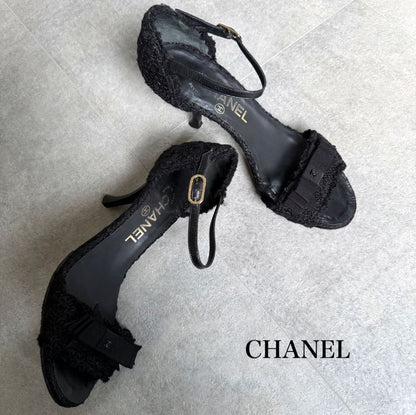 Chanel Tweed Ribbon Sandals Coco Mark Black Chunky Heel Strappy Sandals 36 1 2c
