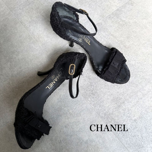 Chanel Tweed Ribbon Sandals Coco Mark Black Chunky Heel Strappy Sandals 36 1 2c
