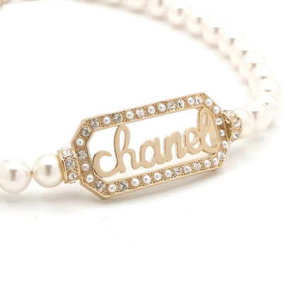 Chanel Necklace Choker Gold Coco Mark Logo Pearl Rhinestone