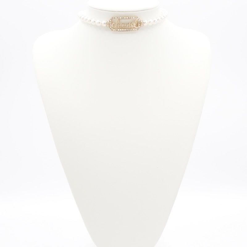 Chanel Necklace Choker Gold Coco Mark Logo Pearl Rhinestone