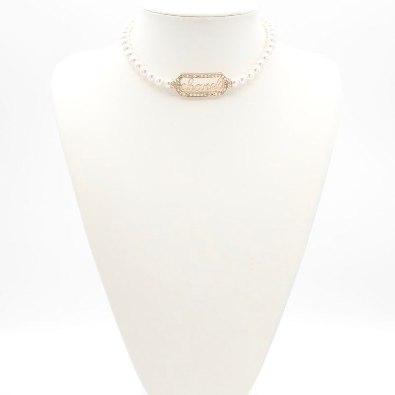 Chanel Necklace Choker Gold Coco Mark Logo Pearl Rhinestone