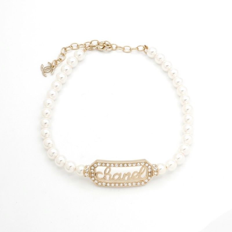 Chanel Necklace Choker Gold Coco Mark Logo Pearl Rhinestone