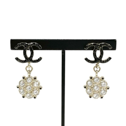 Chanel Earrings Earring Black Gold Coco Mark Rhinestone Lame