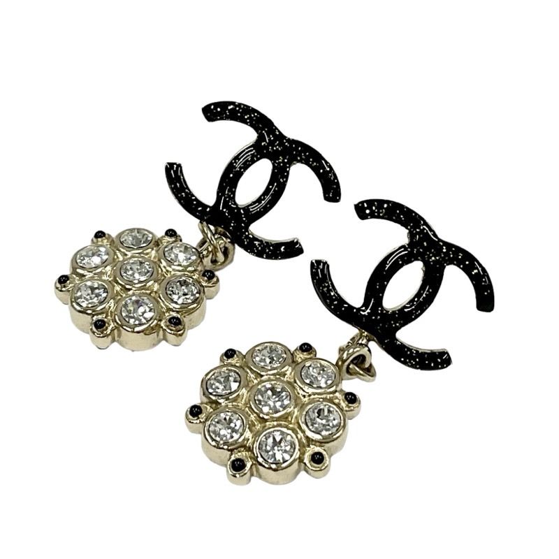 Chanel Earrings Earring Black Gold Coco Mark Rhinestone Lame