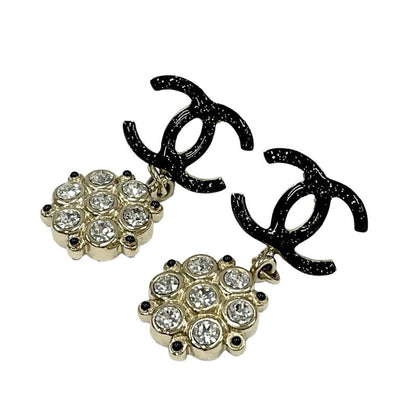 Chanel Earrings Earring Black Gold Coco Mark Rhinestone Lame