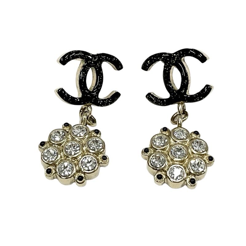 Chanel Earrings Earring Black Gold Coco Mark Rhinestone Lame