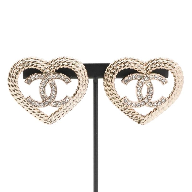 Chanel Earrings Earring Gold Coco Mark Heart Rhinestone
