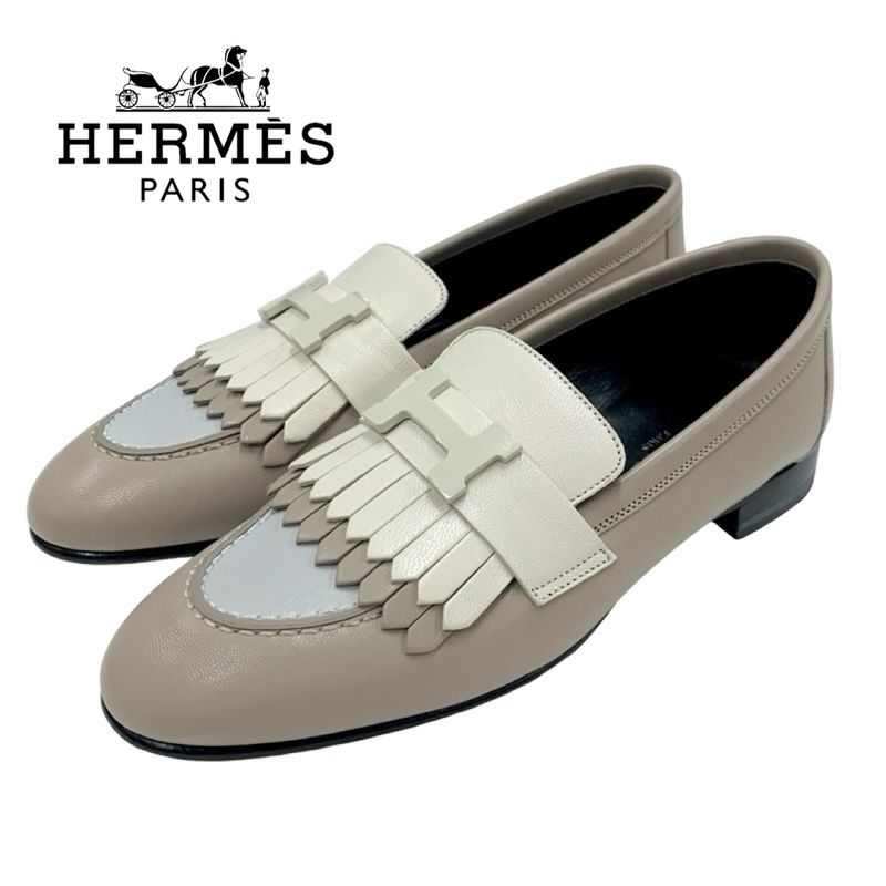 Hermes Royal Loafer Leather Shoes Leather Brown Beige Unused Moccasins Flat
