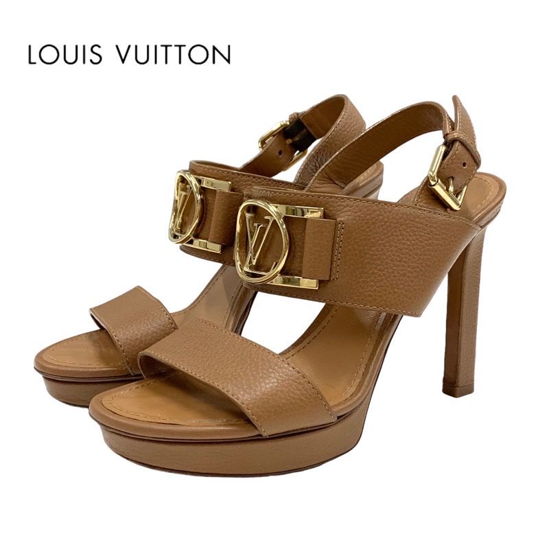 Louis Vuitton Lock It Line Sandals Shoes Leather Brown Gold Logo Strap