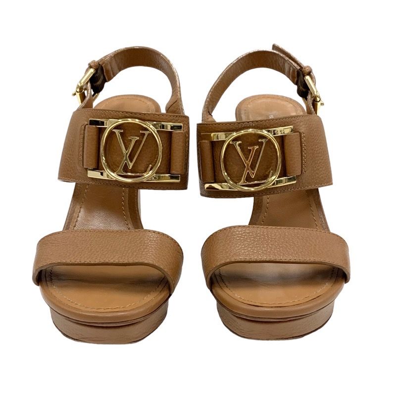 Louis Vuitton Lock It Line Sandals Shoes Leather Brown Gold Logo Strap