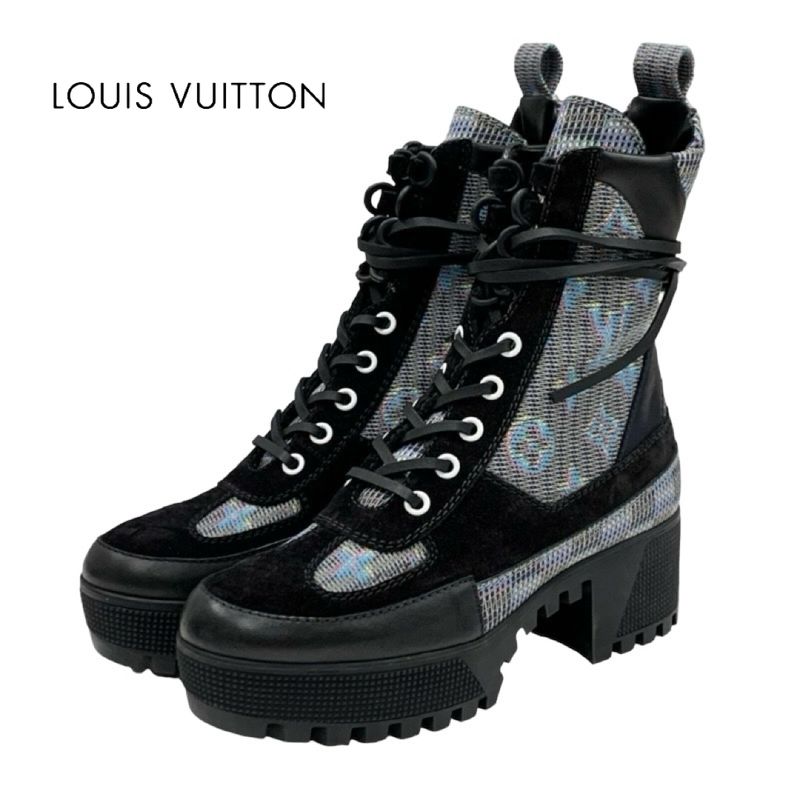 Louis Vuitton Laurie Line Monogram Boots Short Boots Shoes Leather Suede Black