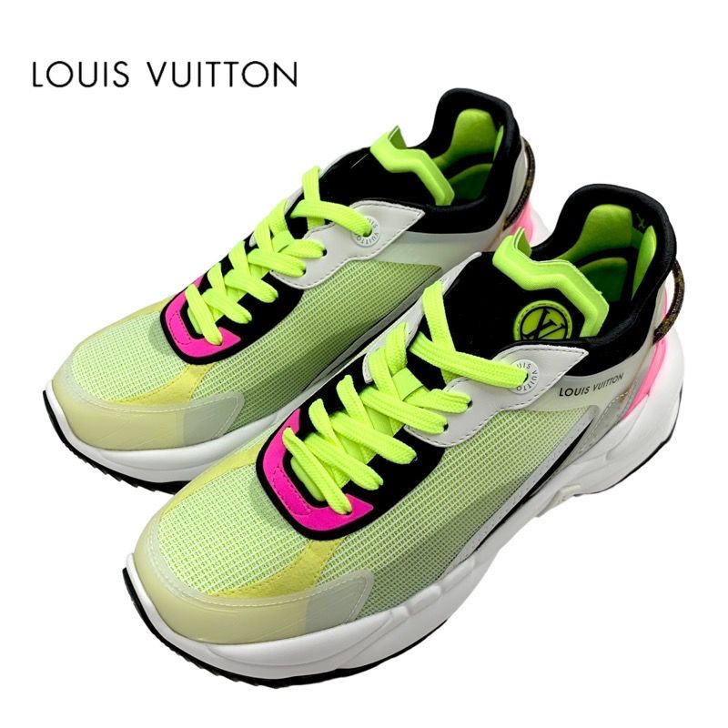 Louis Vuitton Run 55 Line Monogram Sneakers Shoes Fabric Neon Yellow Neon Pink