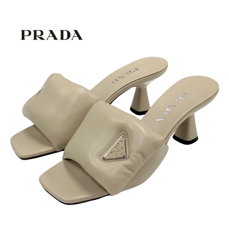 Prada Sandals Shoes Padded Nappa Leather Beige Triangle Logo Mules
