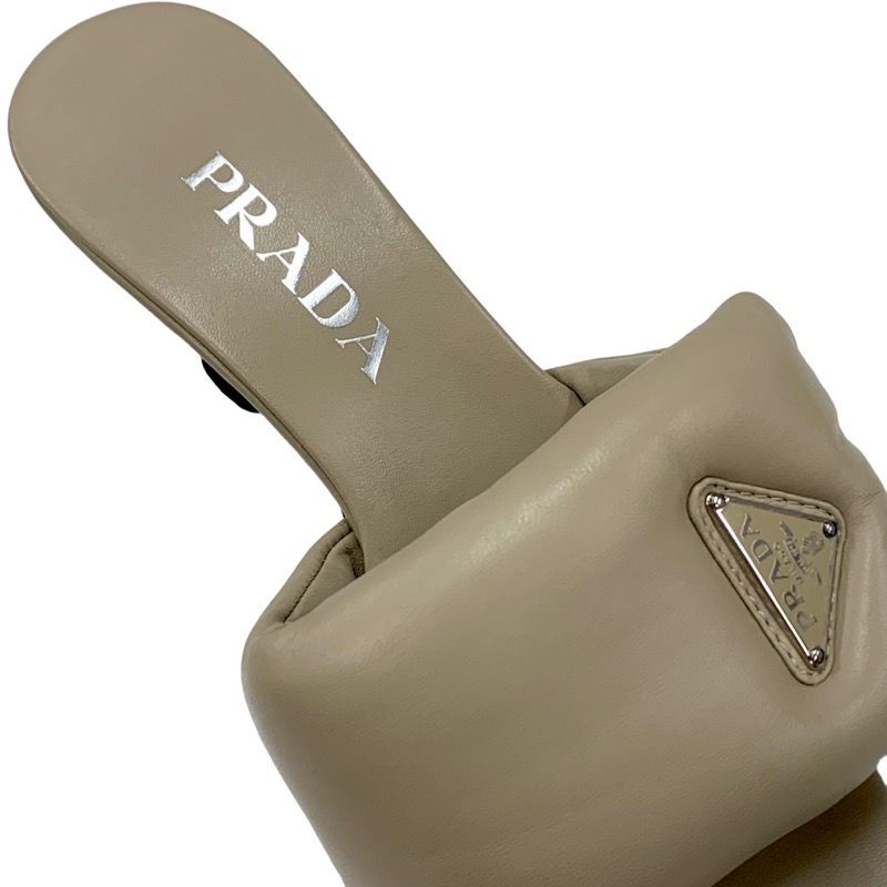 Prada Sandals Shoes Padded Nappa Leather Beige Triangle Logo Mules