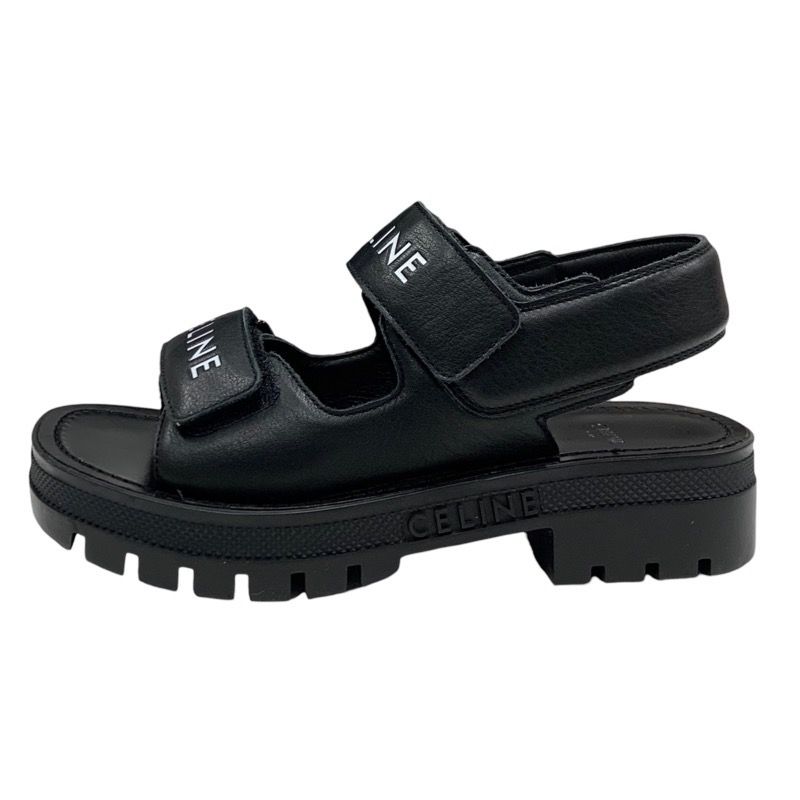 Celine Leo Sandals Shoes Leather Black White Sports Sandals Logo Velcro