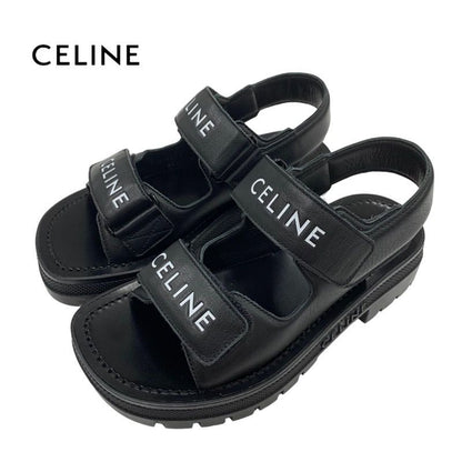 Celine Leo Sandals Shoes Leather Black White Sports Sandals Logo Velcro