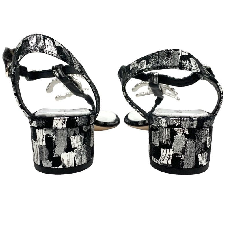 Chanel Sandals Shoes Fabric Leather Black White Silver Black Here Mark Thong