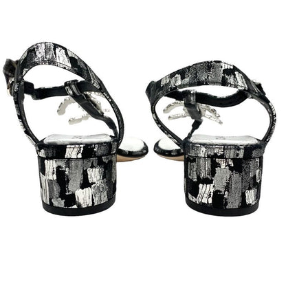 Chanel Sandals Shoes Fabric Leather Black White Silver Black Here Mark Thong