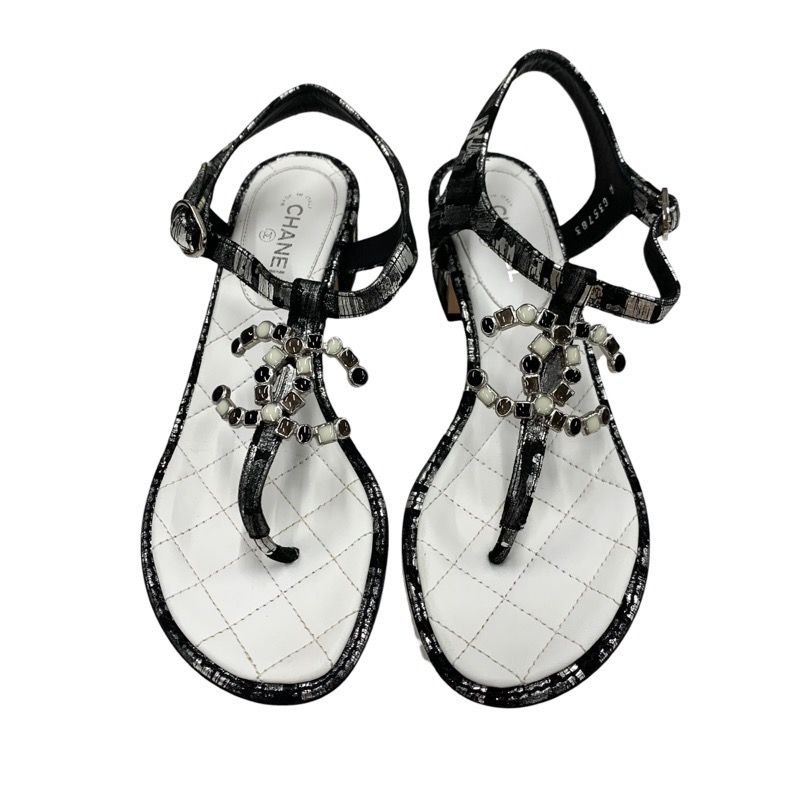 Chanel Sandals Shoes Fabric Leather Black White Silver Black Here Mark Thong