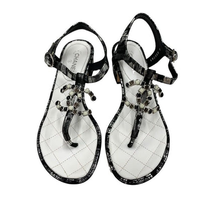 Chanel Sandals Shoes Fabric Leather Black White Silver Black Here Mark Thong