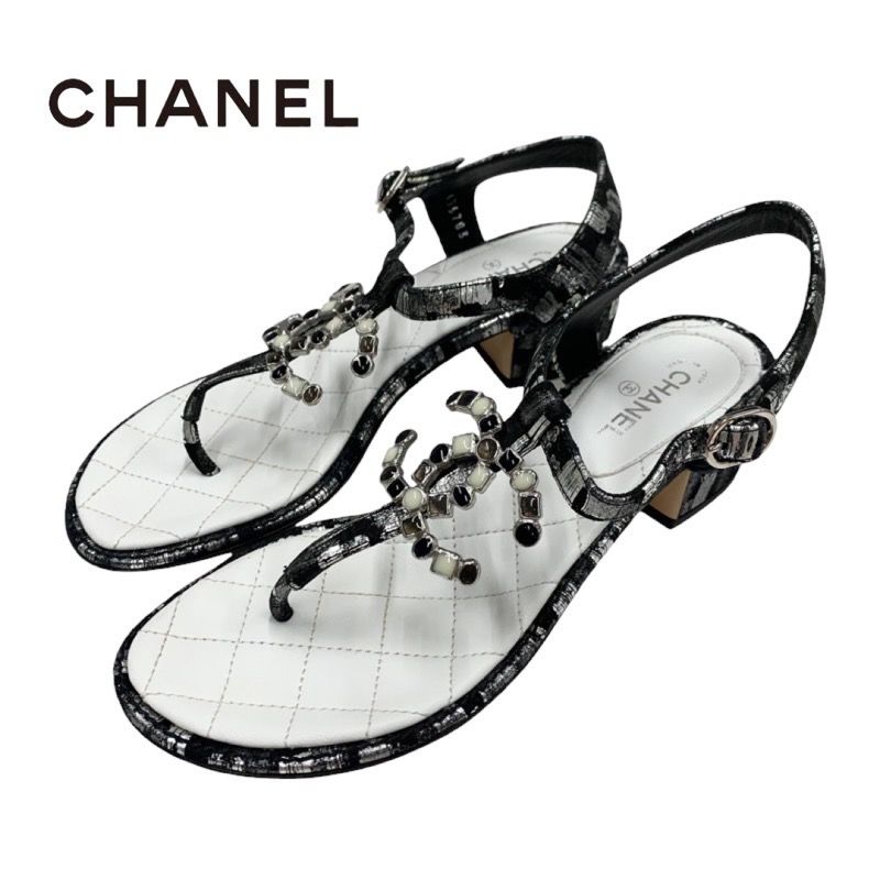Chanel Sandals Shoes Fabric Leather Black White Silver Black Here Mark Thong