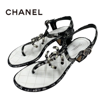 Chanel Sandals Shoes Fabric Leather Black White Silver Black Here Mark Thong