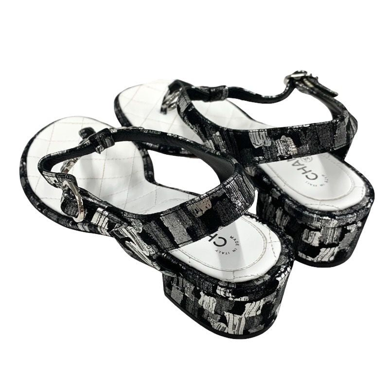 Chanel Sandals Shoes Fabric Leather Black White Silver Black Here Mark Thong