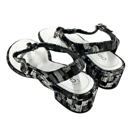 Chanel Sandals Shoes Fabric Leather Black White Silver Black Here Mark Thong