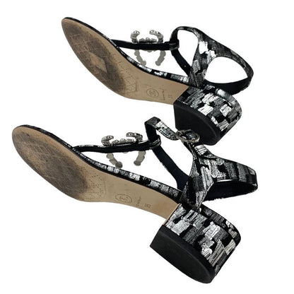 Chanel Sandals Shoes Fabric Leather Black White Silver Black Here Mark Thong