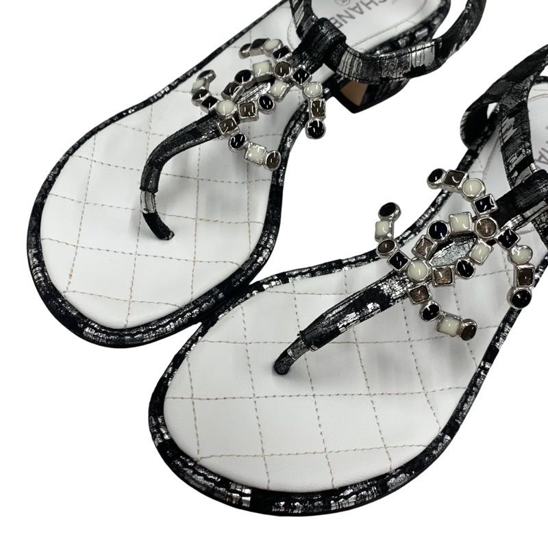 Chanel Sandals Shoes Fabric Leather Black White Silver Black Here Mark Thong