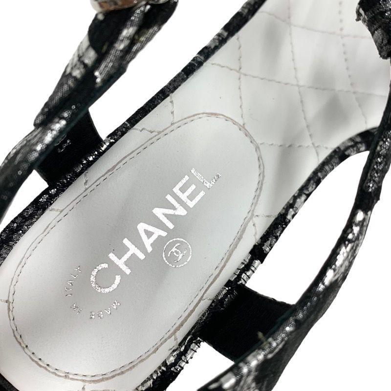 Chanel Sandals Shoes Fabric Leather Black White Silver Black Here Mark Thong