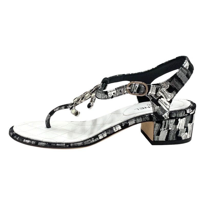Chanel Sandals Shoes Fabric Leather Black White Silver Black Here Mark Thong