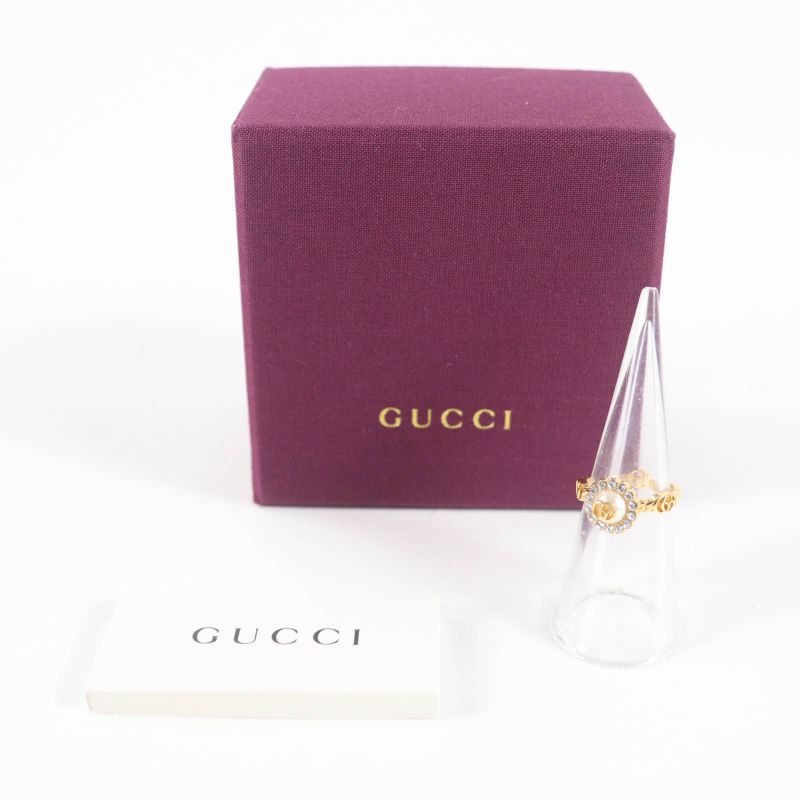 Gucci 702585 Double G Rhinestone F Pearl Flower Ring And Ring Gold XS Size 9