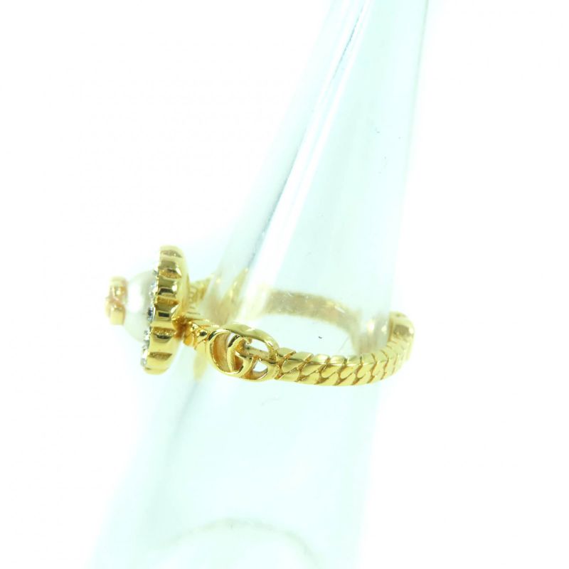 Gucci 702585 Double G Rhinestone F Pearl Flower Ring And Ring Gold XS Size 9