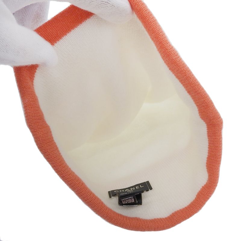CHANEL 2024 24A 100% Cashmere Logo Design Hat Beanie Knit Cap White Orange L