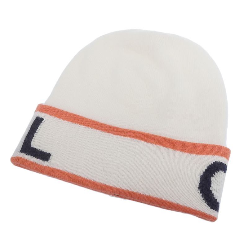 CHANEL 2024 24A 100% Cashmere Logo Design Hat Beanie Knit Cap White Orange L