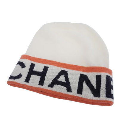 CHANEL 2024 24A 100% Cashmere Logo Design Hat Beanie Knit Cap White Orange L