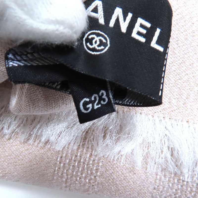 CHANEL 2023 G23 Silk Cashmere Blend Lamé Coco Mark Pattern Scarf Pink-beige