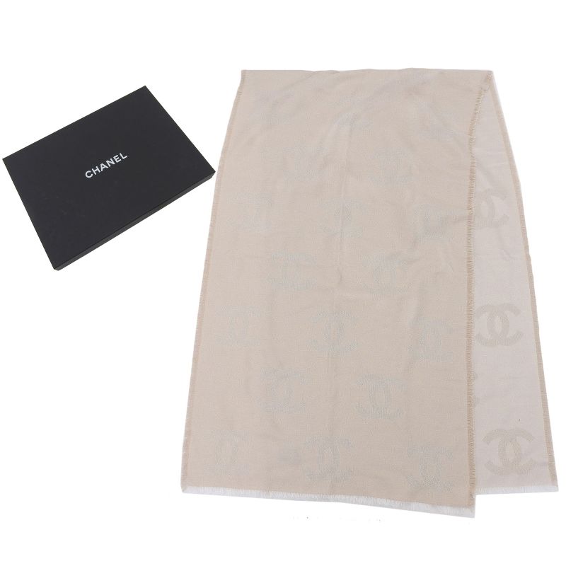 CHANEL 2023 G23 Silk Cashmere Blend Lamé Coco Mark Pattern Scarf Pink-beige