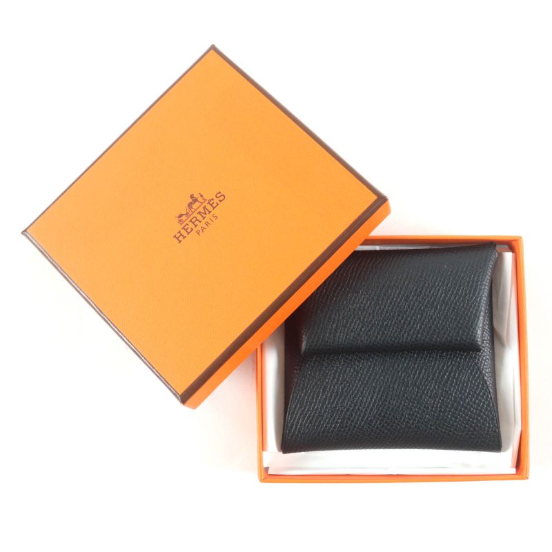 Hermes Bastia Black Vaux Epson Coin Case Coin Purse Wallet With Box Engraved B