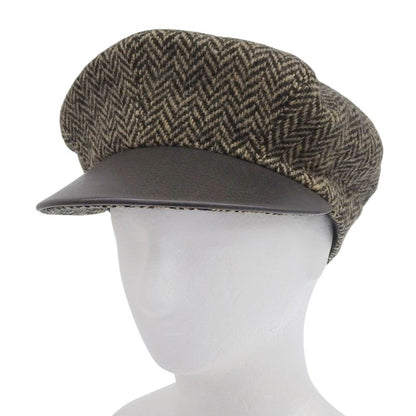 Hermes Wool Cashmere Dear Leather Use Herringbone Pattern Tweed Casket Hat