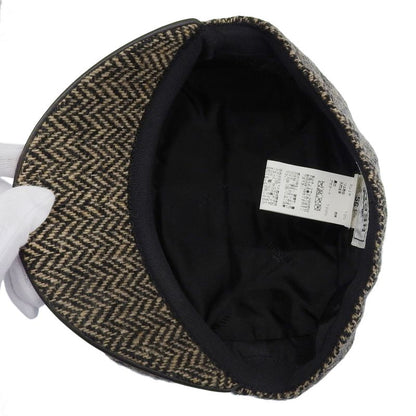 Hermes Wool Cashmere Dear Leather Use Herringbone Pattern Tweed Casket Hat