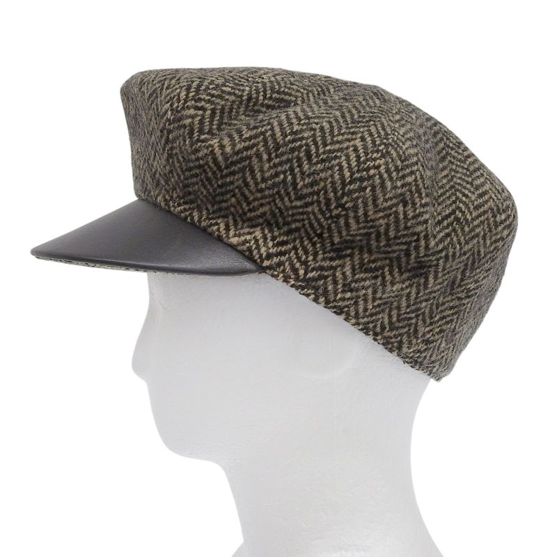 Hermes Wool Cashmere Dear Leather Use Herringbone Pattern Tweed Casket Hat